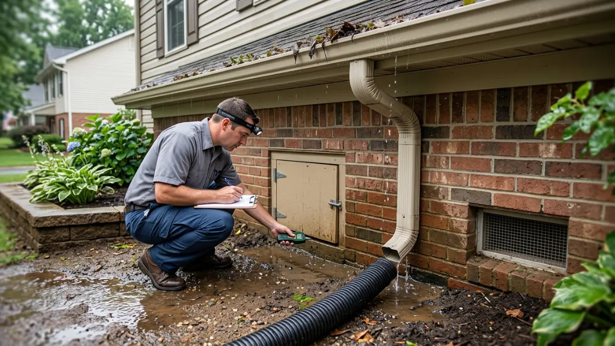 Home inspector identifying exterior drainage problems that may contribute to Crawl space termites beneath a house.