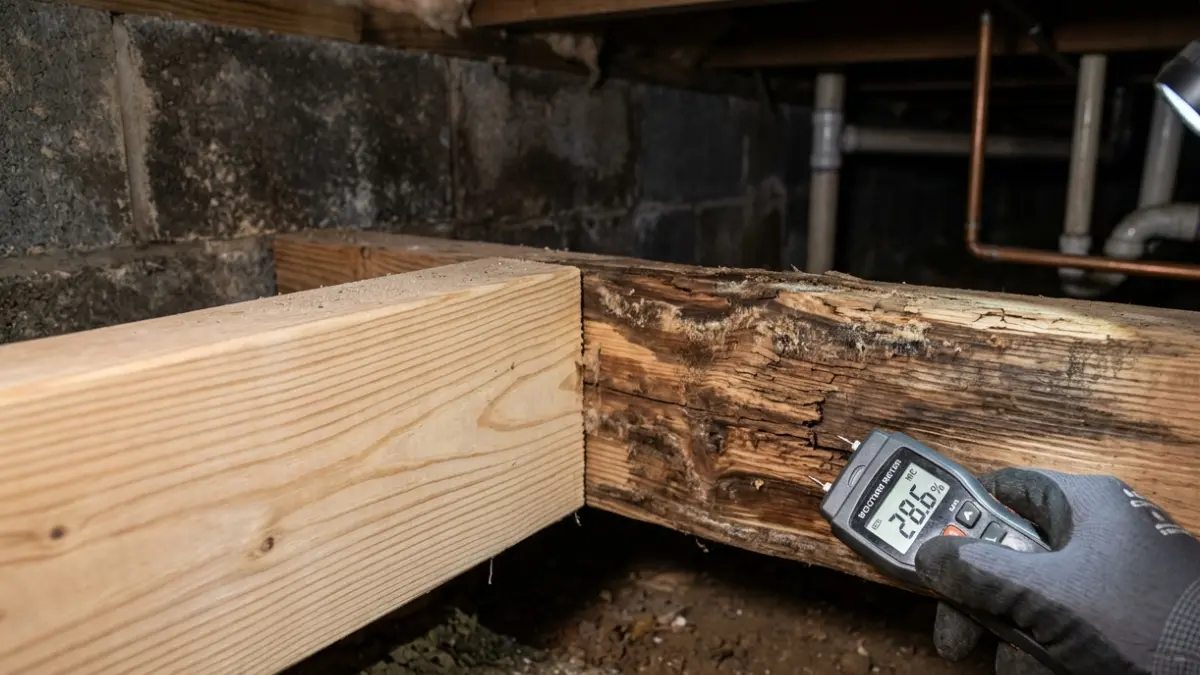 Comparison of healthy and moisture-damaged floor joists showing conditions associated with Crawl space termites and wood decay.