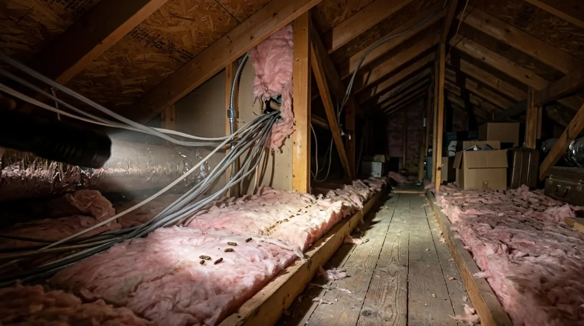 Mice and rodent activity signs including droppings and disturbed insulation in an attic