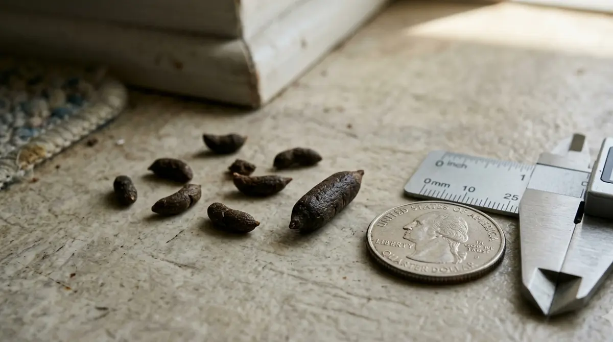 Mice and rat droppings measured beside a quarter and ruler for size comparison