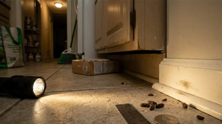Mice and rodent droppings being inspected beside a quarter and ruler in a home