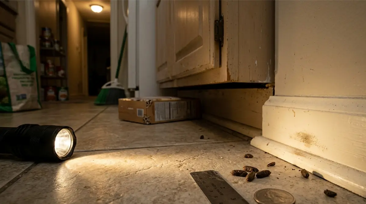 Mice and rodent droppings being inspected beside a quarter and ruler in a home