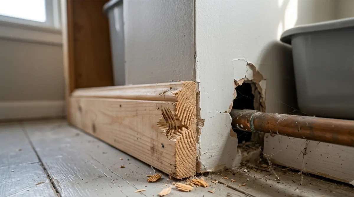 Mice and rodent gnaw marks beside a small entry gap around a household pipe