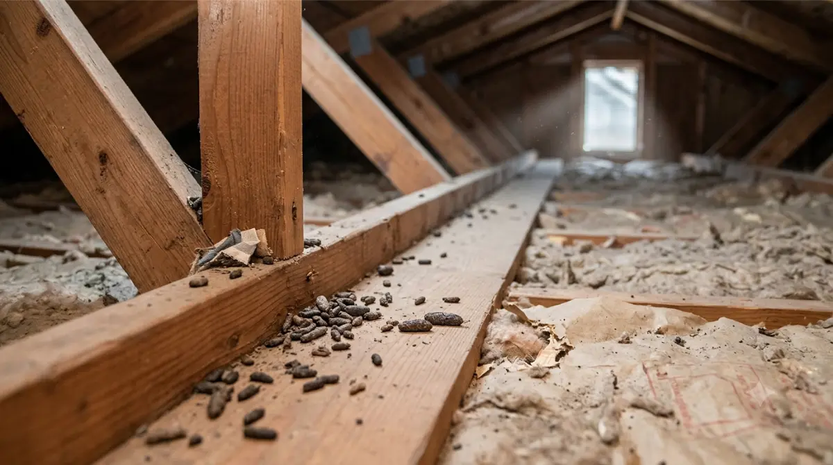 Rodent Droppings Identification showing droppings concentrated along an attic beam and disturbed insulation
