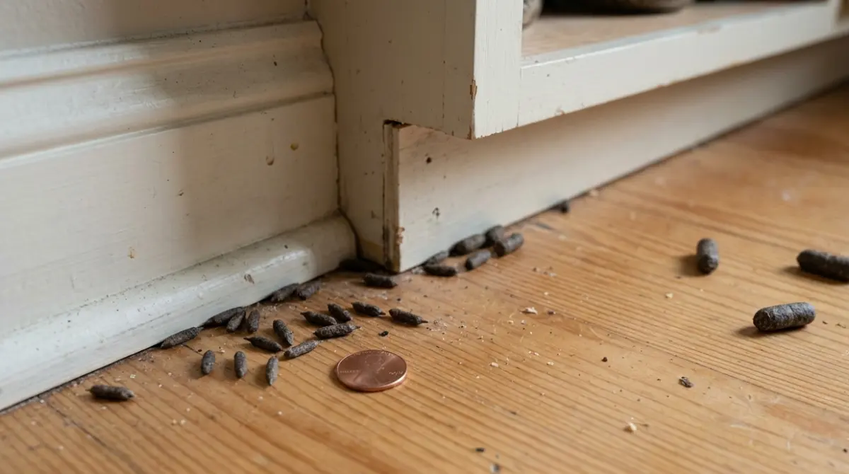 Rodent Droppings Identification showing mouse and rat droppings found along a household baseboard with a penny for scale