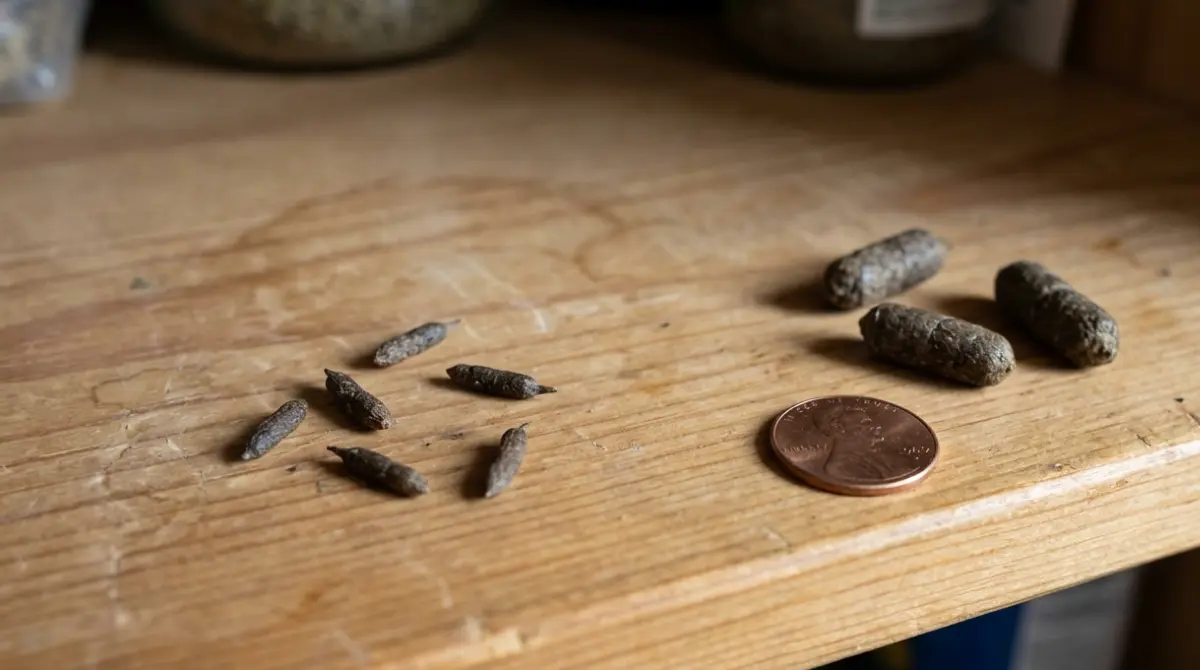 Rodent Droppings Identification showing realistic mouse and rat droppings beside a US penny for size comparison