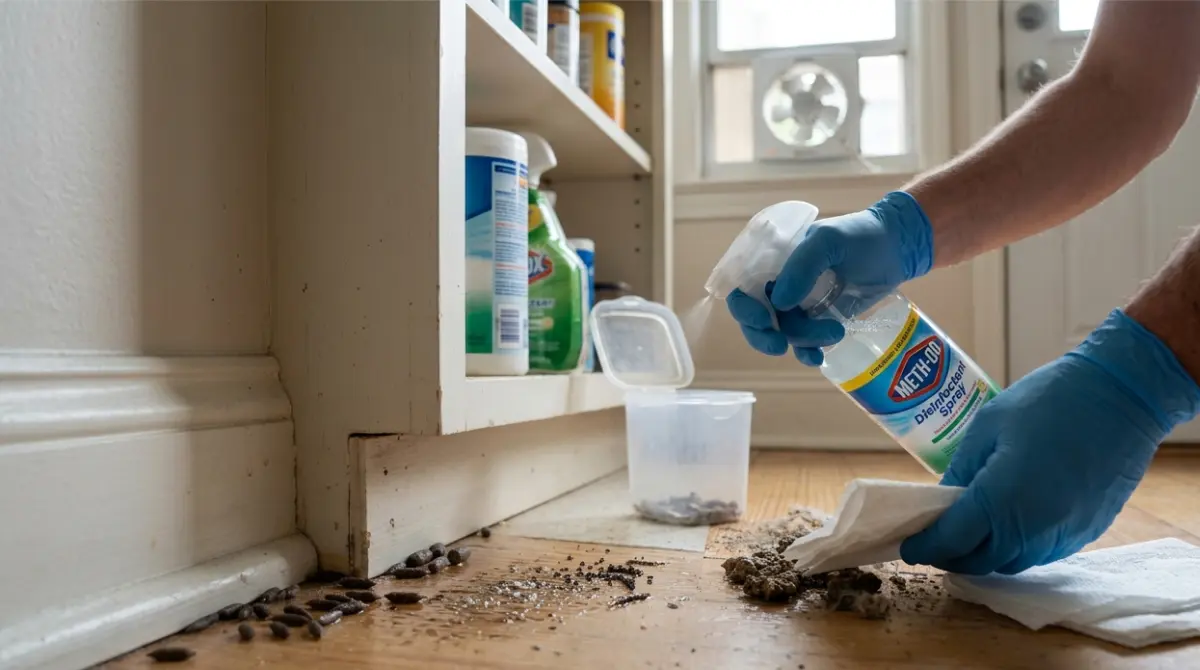 Rodent Droppings Identification showing safe wet cleanup with gloves, disinfectant, and paper towels
