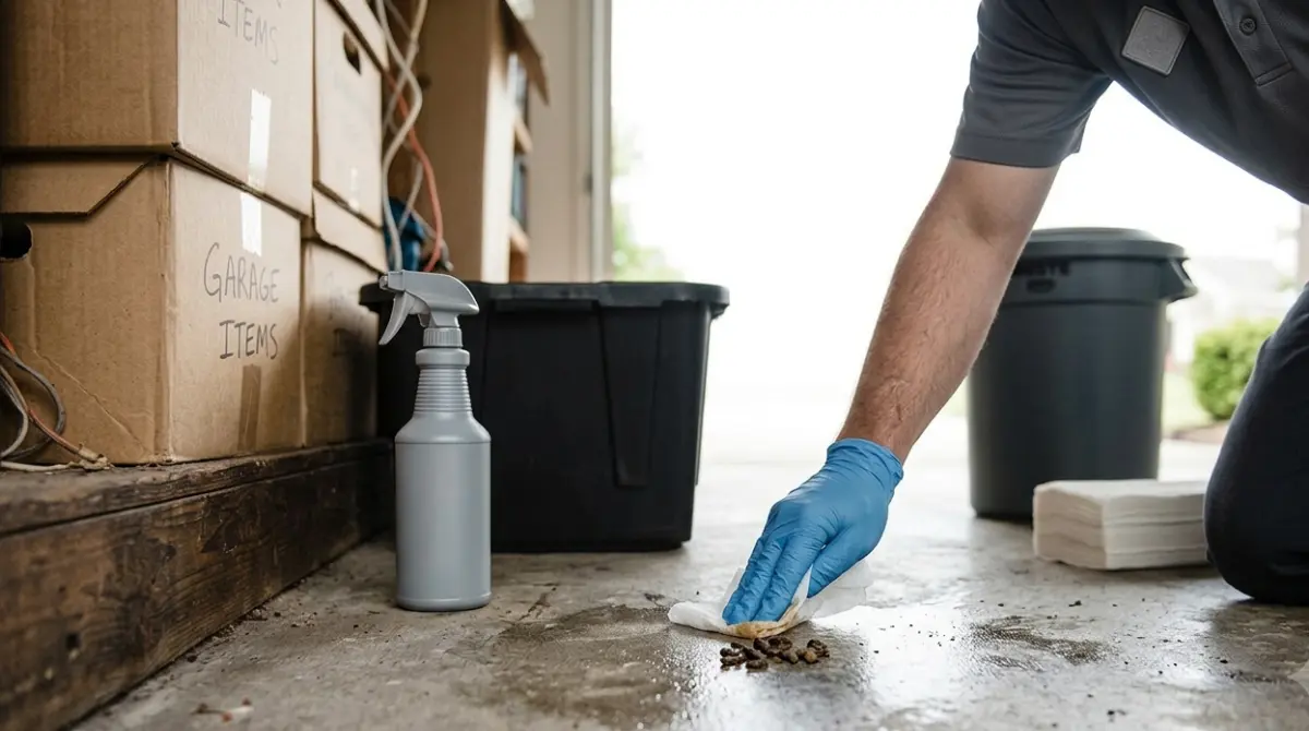 Rodent droppings being safely cleaned with disinfectant and gloves