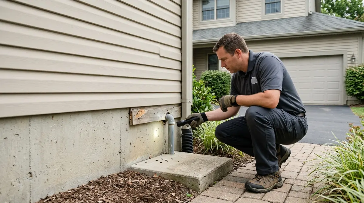 Rodent inspection of a house foundation for entry points