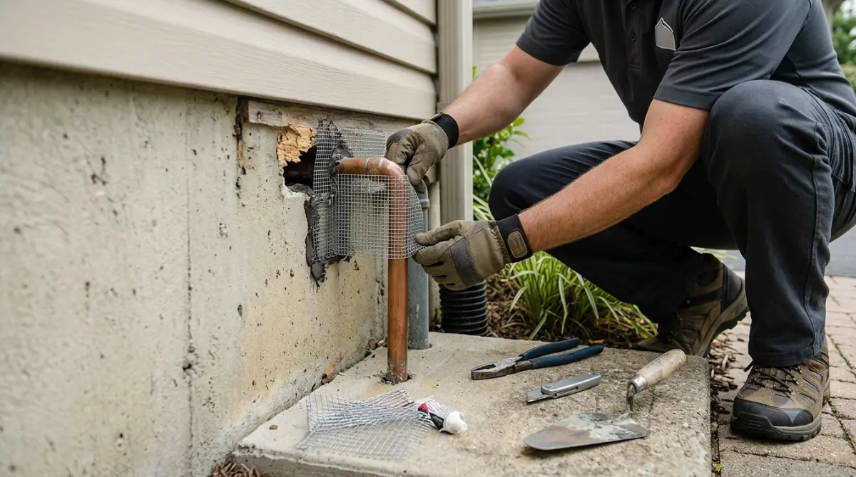 Rodent-proofing a foundation gap with metal mesh