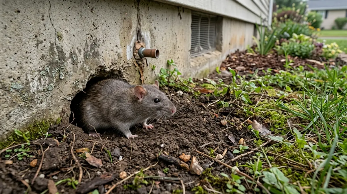 Roof Rats and a Norway rat near residential foundation entry points and a ground-level burrow