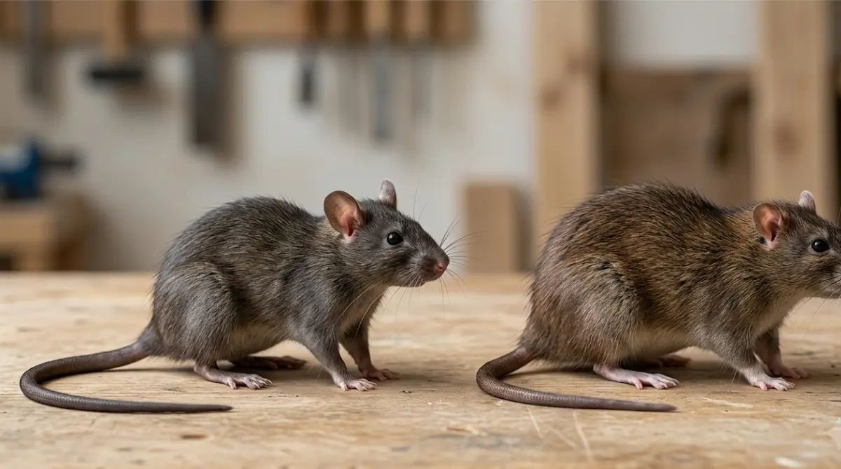 Roof Rats and Norway rats compared by tail length, muzzle shape, ears, and body build
