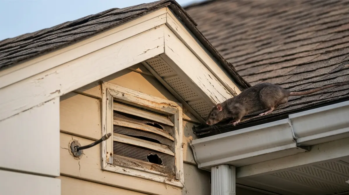 Roof Rats near a residential roofline with soffit, fascia, attic vent, and potential entry points