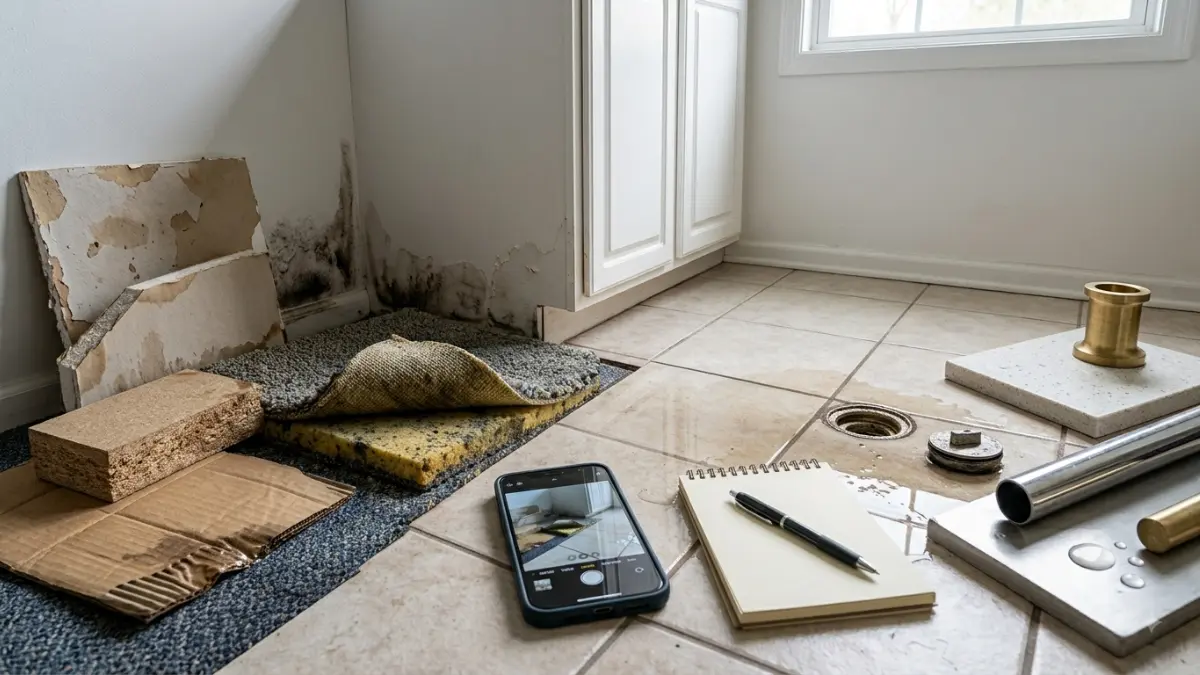 Sewage Backup Cleanup documentation with a smartphone and notes recording damaged drywall, carpet, and flooring before removal