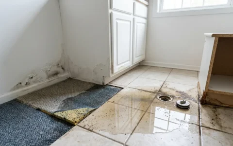 Sewage Backup Cleanup showing a residential room with contaminated water and damaged drywall, carpet padding, and other building materials