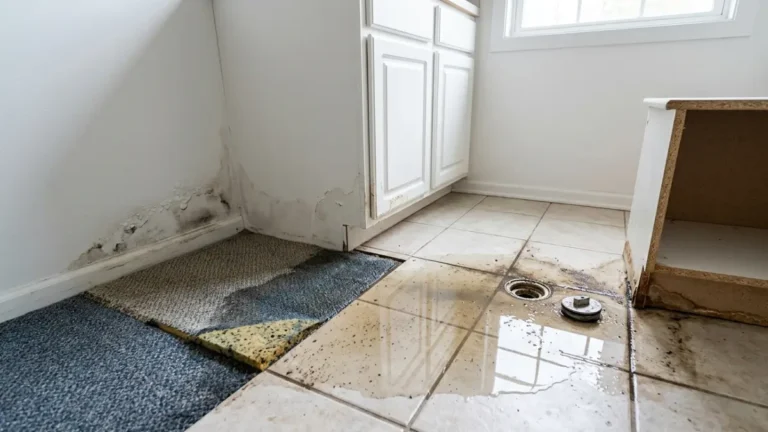 Sewage Backup Cleanup showing a residential room with contaminated water and damaged drywall, carpet padding, and other building materials