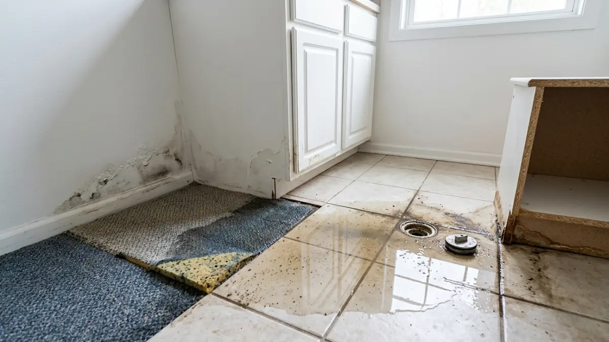 Sewage Backup Cleanup showing a residential room with contaminated water and damaged drywall, carpet padding, and other building materials