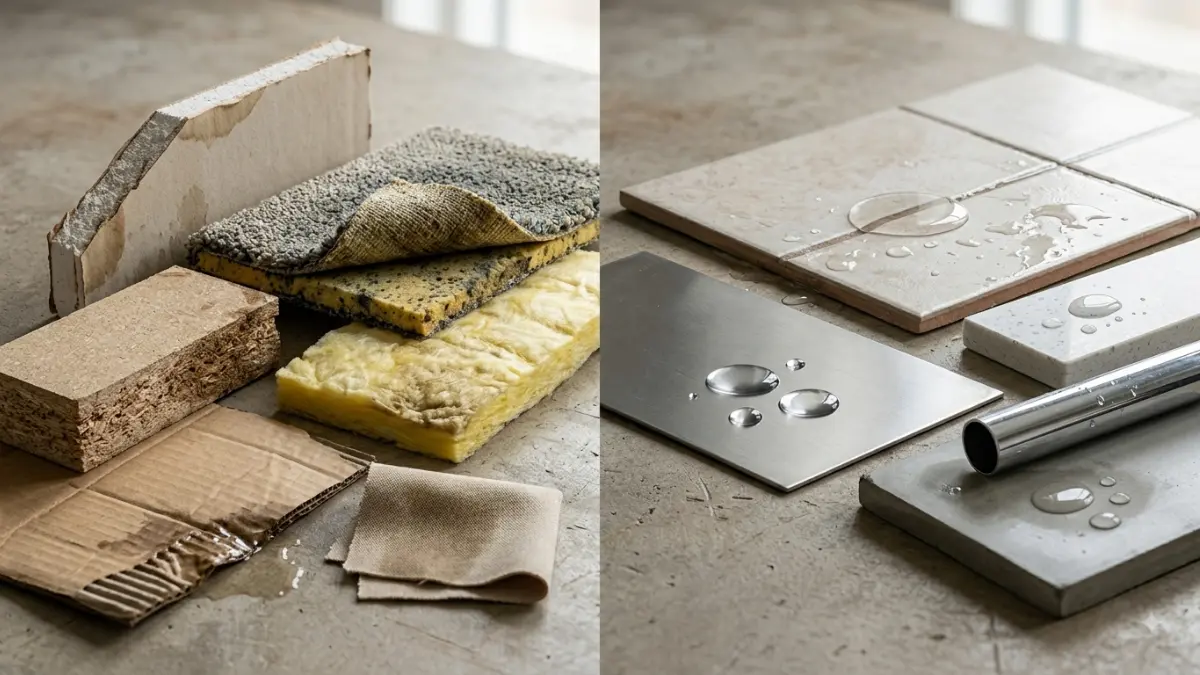 Sewage Backup Cleanup showing porous materials such as drywall and carpet padding alongside non-porous tile and metal surfaces