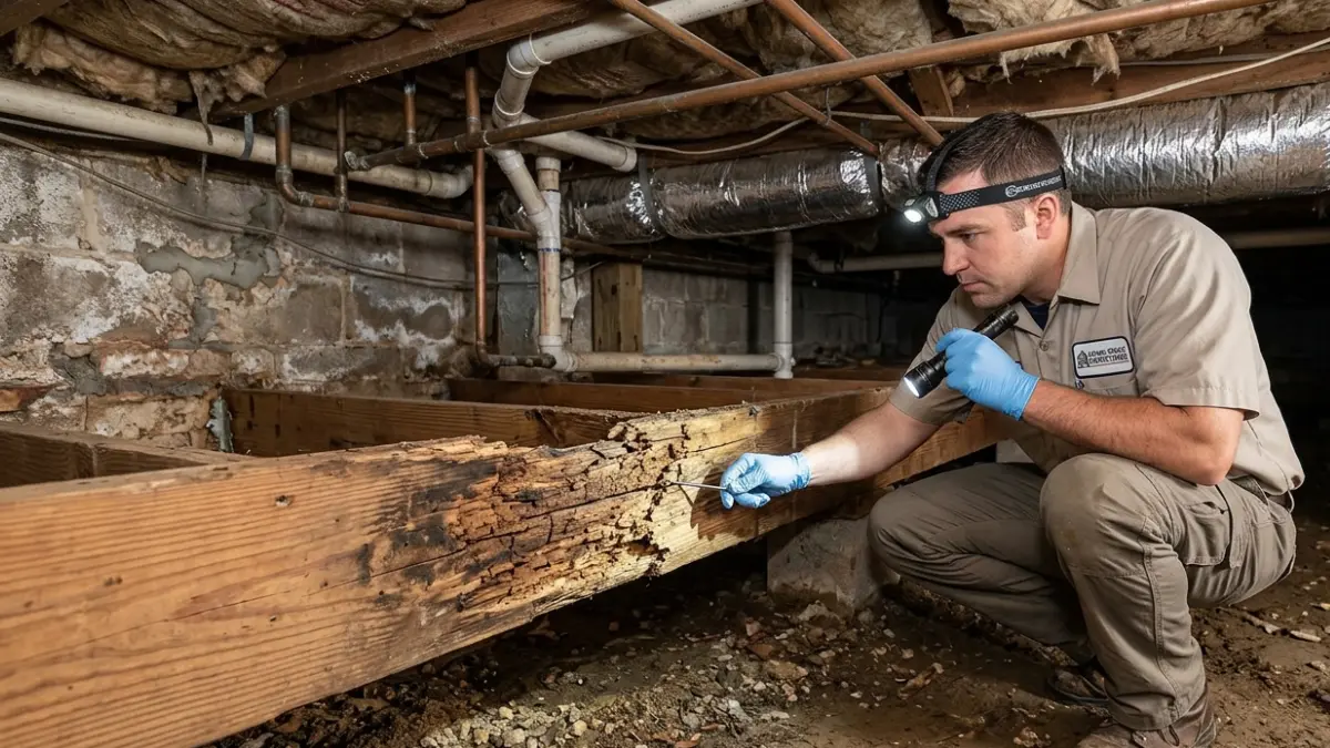 Licensed contractor inspecting severely decayed framing caused by moisture conditions linked to Crawl space termites.