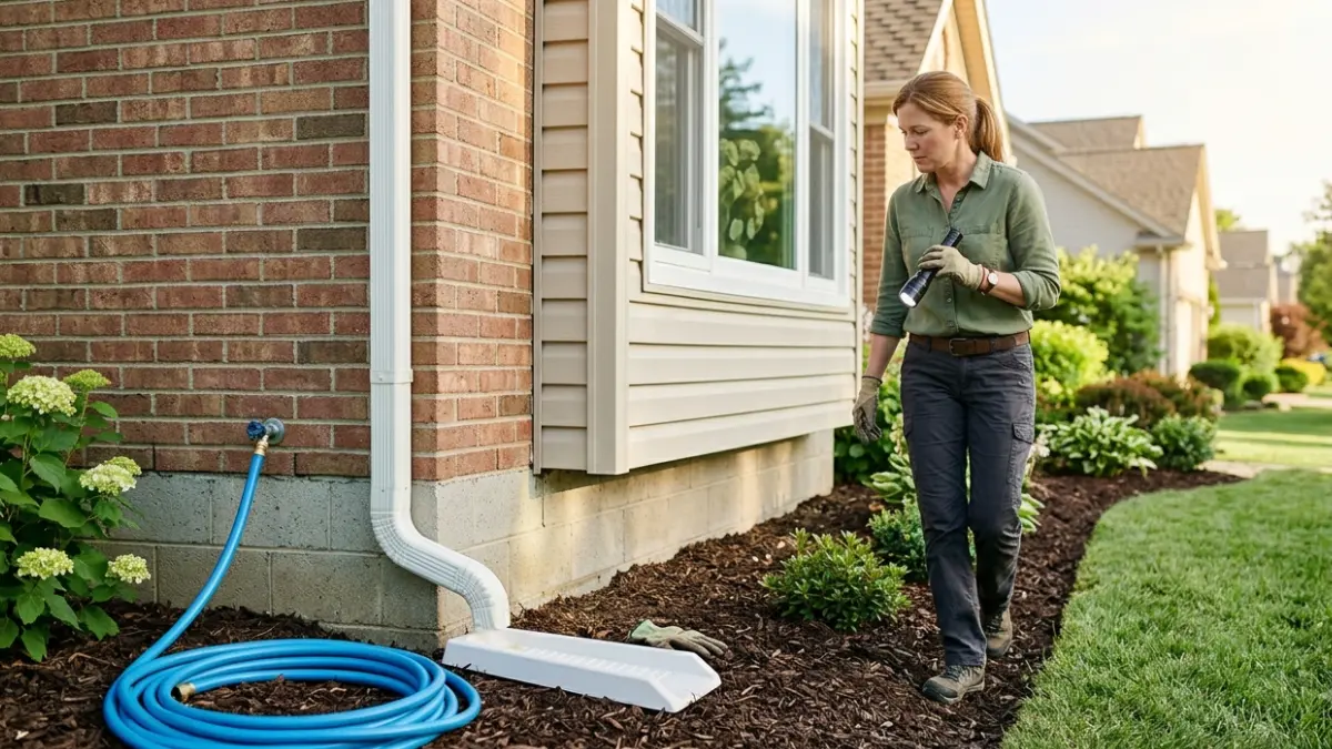 Termite Prevention inspection showing proper drainage, downspout placement, grading, and foundation conditions around a house.