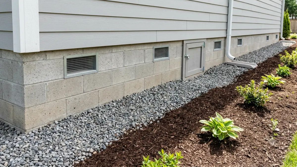 Termite Prevention inspection of crawl space vents and foundation access door with proper exterior clearance.