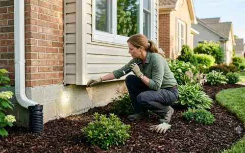 Termite Prevention walk-around inspection of a home's foundation, siding, and landscaping by a homeowner.
