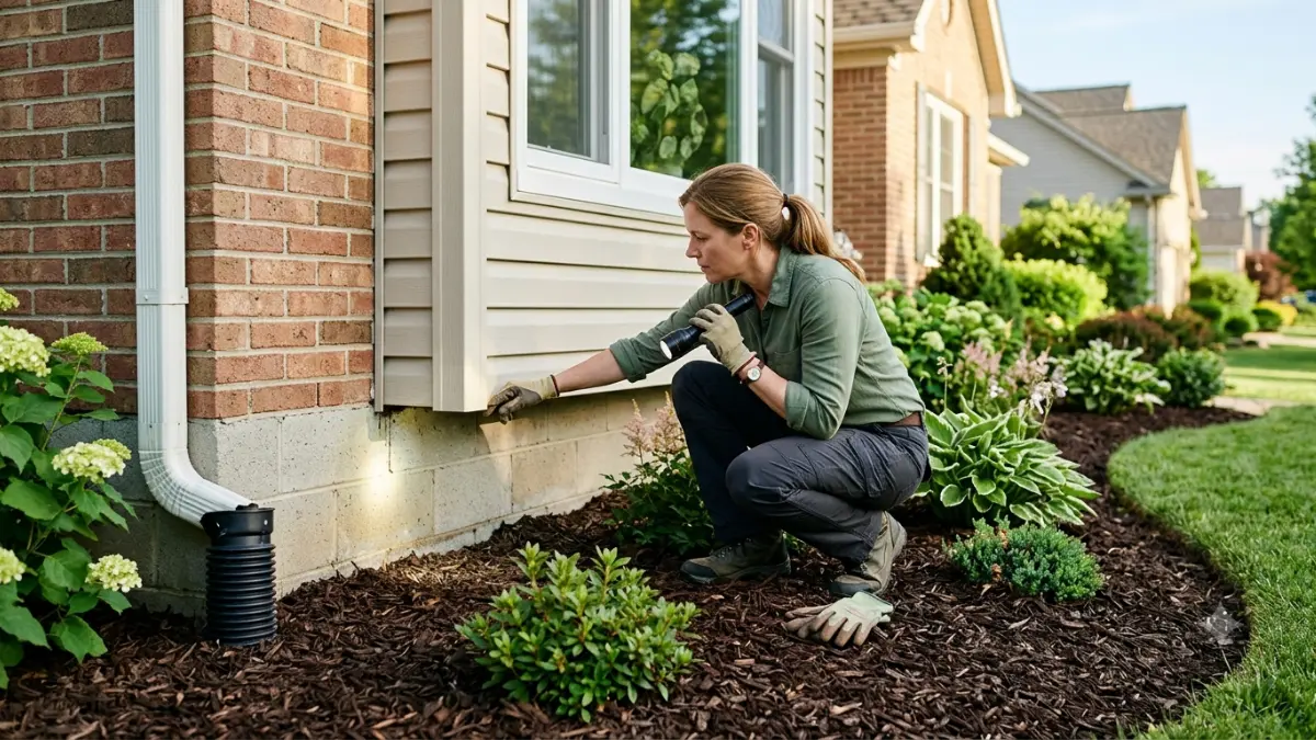 Termite Prevention walk-around inspection of a home's foundation, siding, and landscaping by a homeowner.