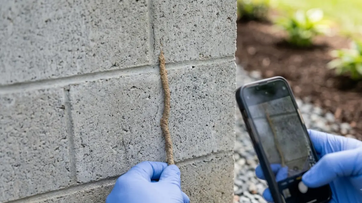 Termite Prevention inspection showing a homeowner photographing a termite mud tube on a concrete foundation.