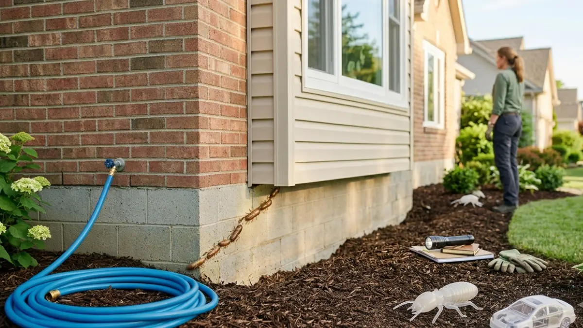Proper Termite Prevention inspection space showing a six-inch clearance between siding, mulch, and the concrete foundation.