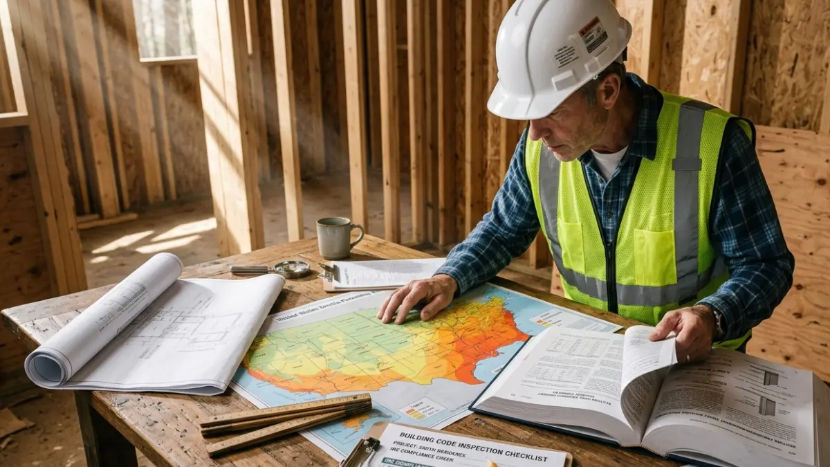 Building inspector comparing a Termite Risk Map with the International Residential Code during residential construction