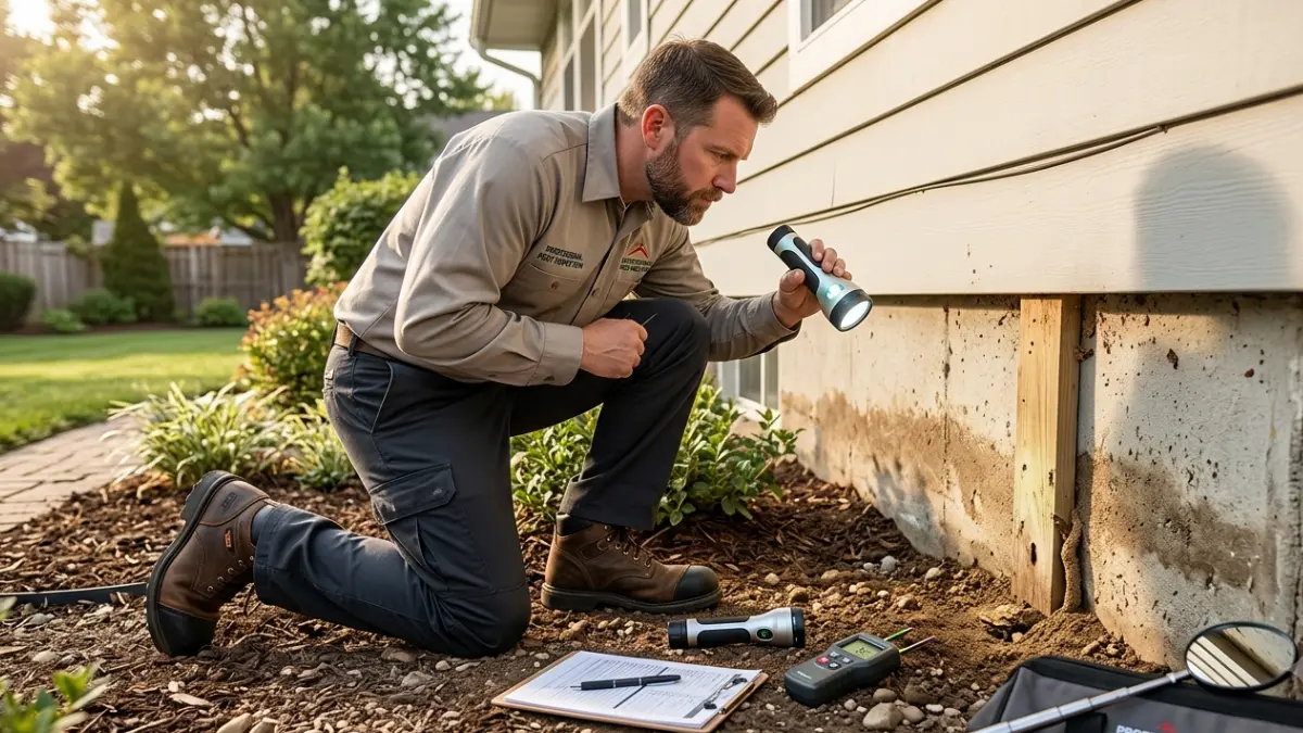 Professional pest inspector checking a home's foundation beyond the Termite Risk Map for real termite activity