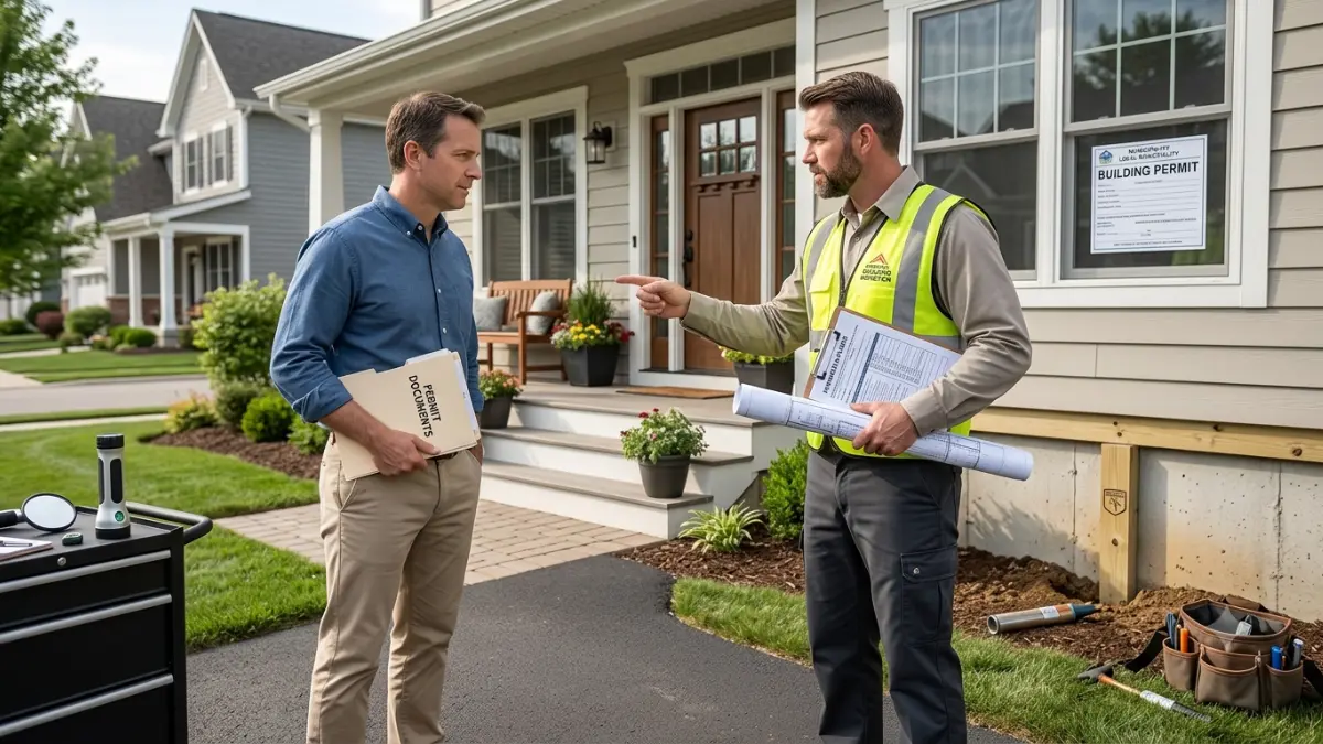 Homeowner discussing local building requirements using a Termite Risk Map with a building inspector