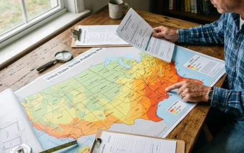 Homeowner reviewing a Termite Risk Map with a United States termite probability map and home inspection documents