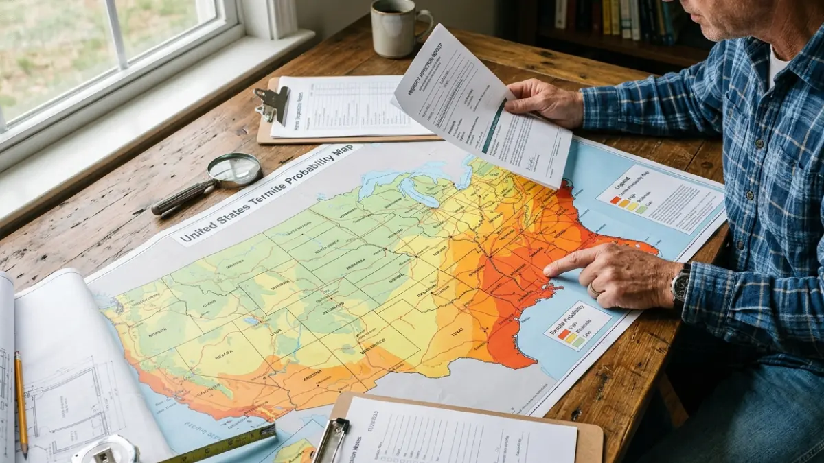 Homeowner reviewing a Termite Risk Map with a United States termite probability map and home inspection documents