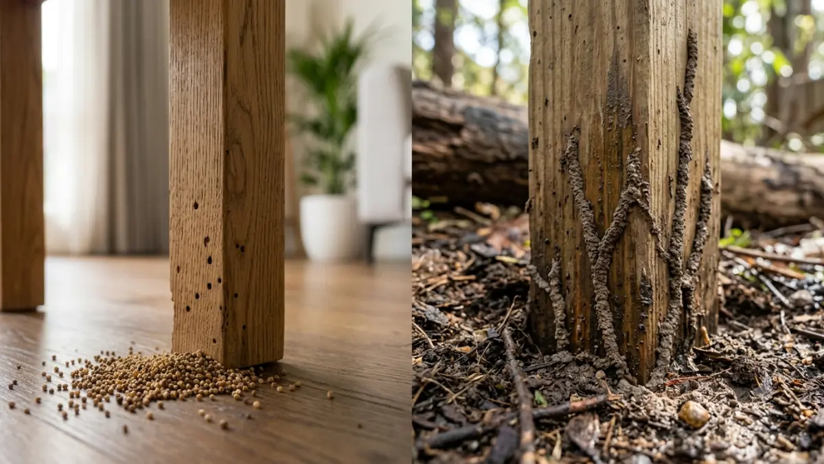 Termites in Furniture comparison showing drywood termite pellets on indoor furniture and subterranean termite mud tubes on outdoor wood