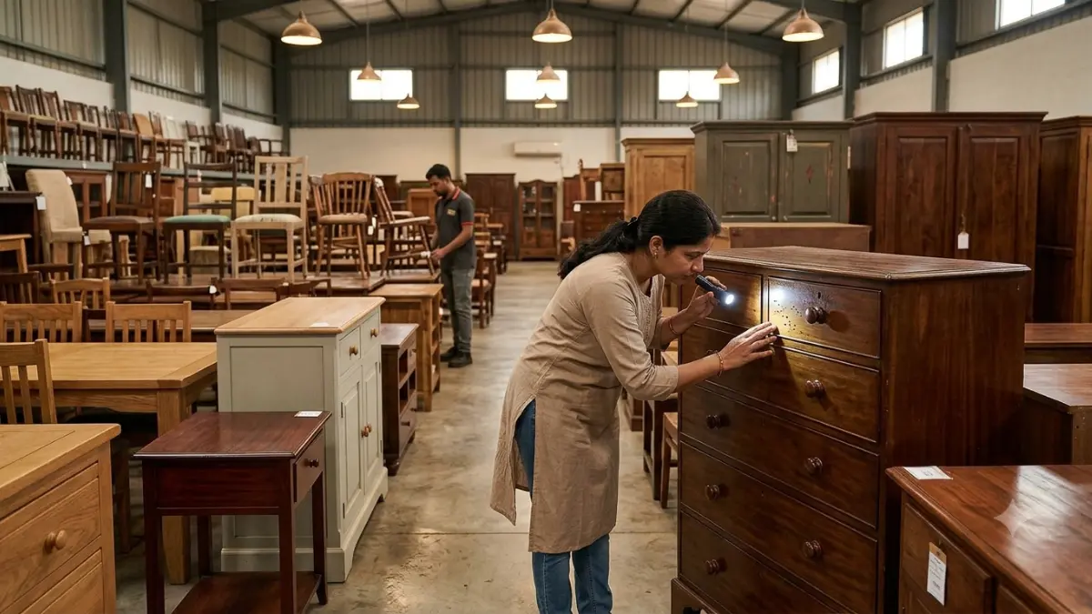 Termites in Furniture inspection while checking a second-hand wooden dresser before purchase