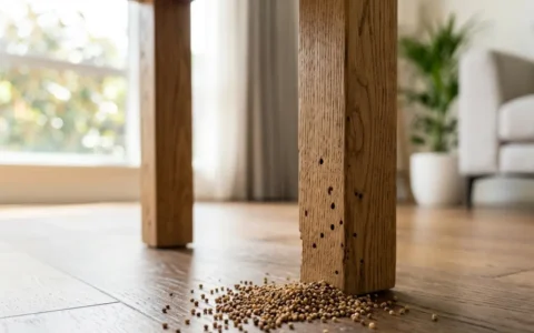 Termites in Furniture shown by drywood termite pellets beneath a wooden side table inside a modern home