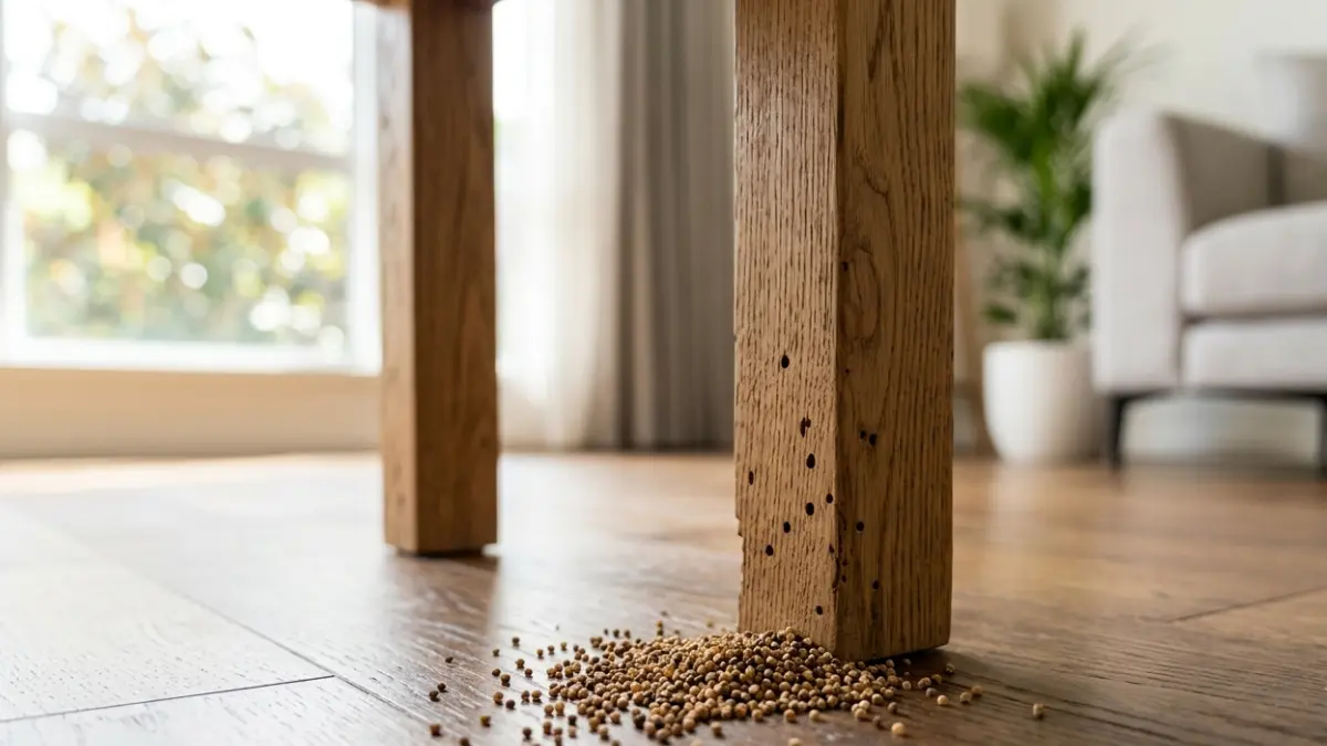Termites in Furniture shown by drywood termite pellets beneath a wooden side table inside a modern home