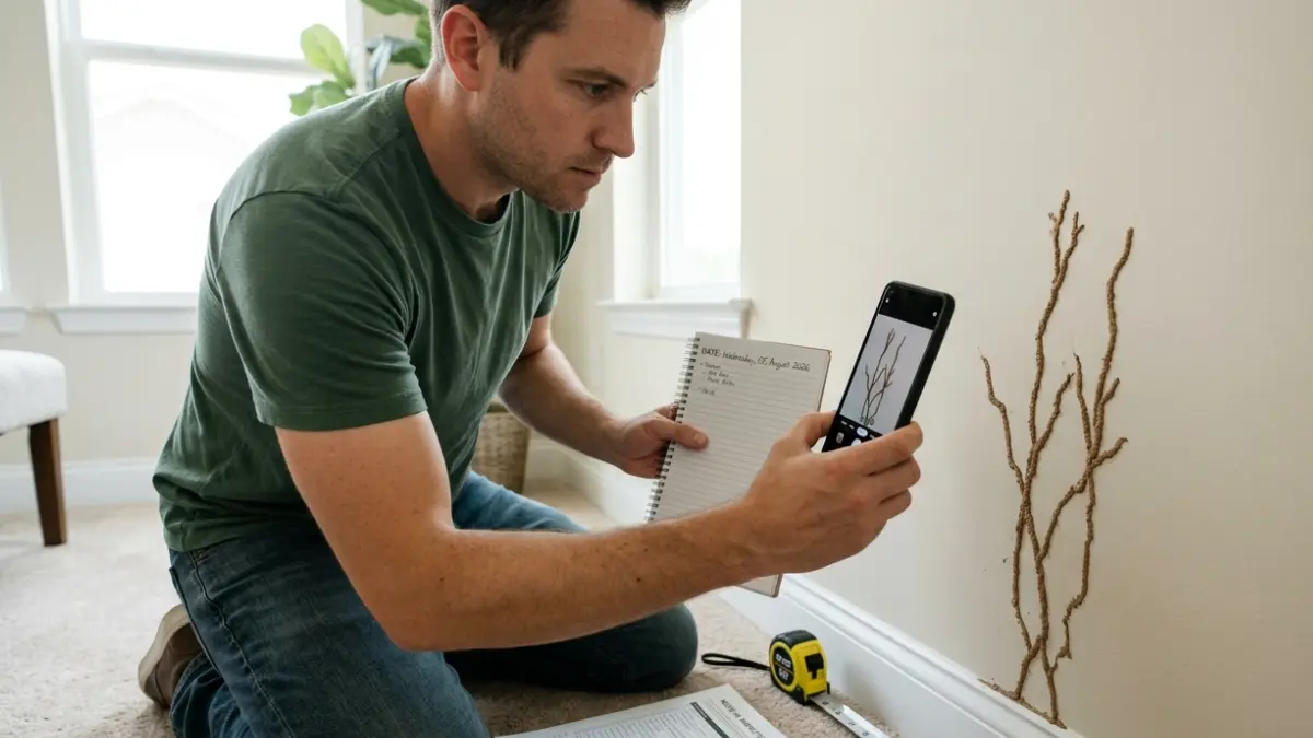 Tenant documenting termites in rental property by photographing mud tubes and recording evidence inside a rental home.