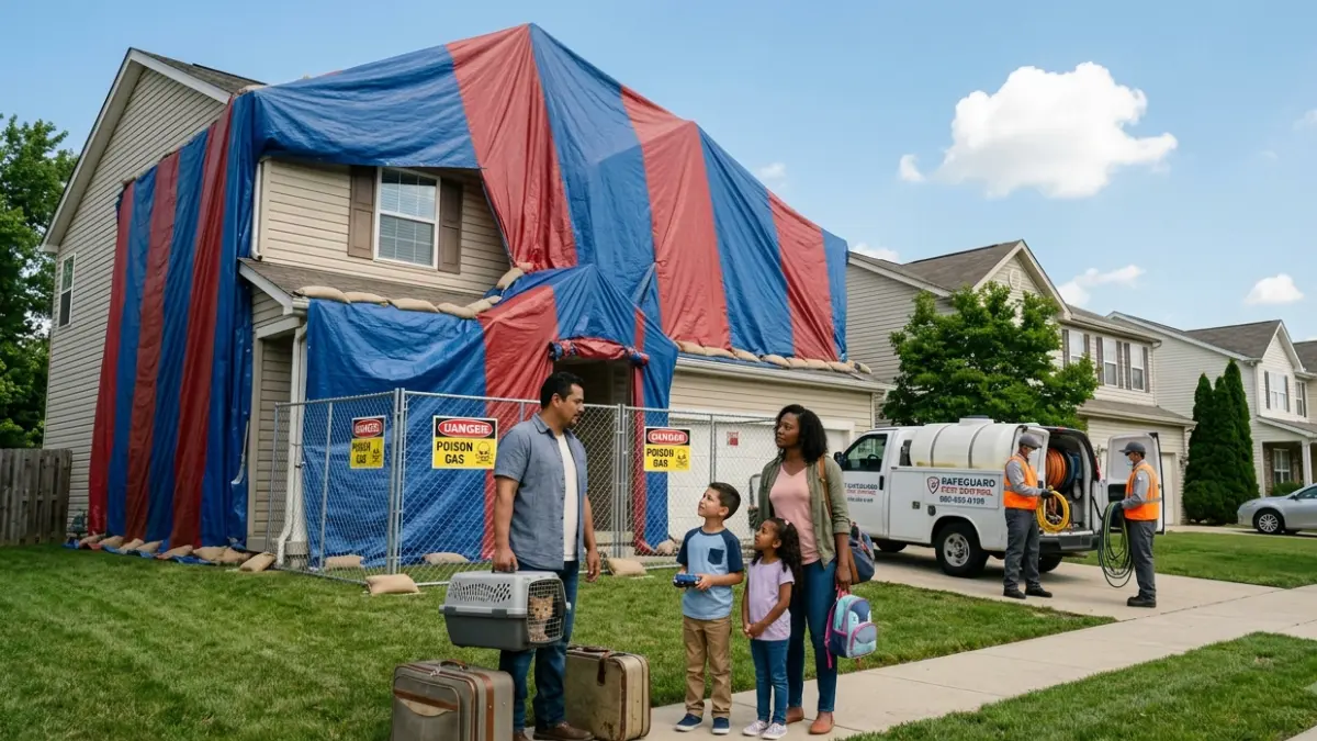 Family leaving a home during termites in rental property fumigation while licensed pest control technicians prepare the treatment.