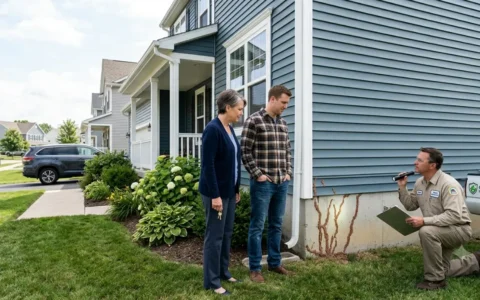 Termites in rental property inspection showing a landlord, tenant, and licensed termite inspector examining a suburban rental home for structural damage.