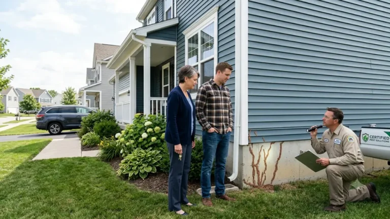 Termites in rental property inspection showing a landlord, tenant, and licensed termite inspector examining a suburban rental home for structural damage.