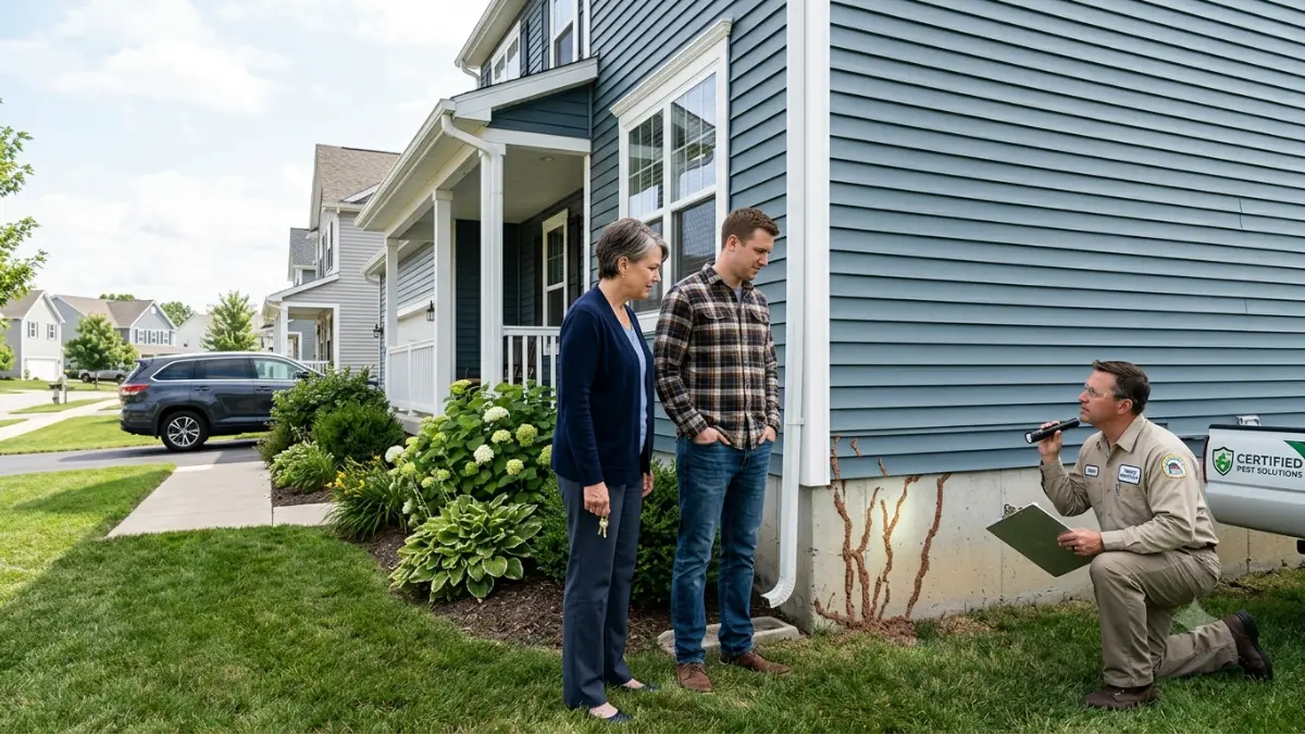 Termites in rental property inspection showing a landlord, tenant, and licensed termite inspector examining a suburban rental home for structural damage.
