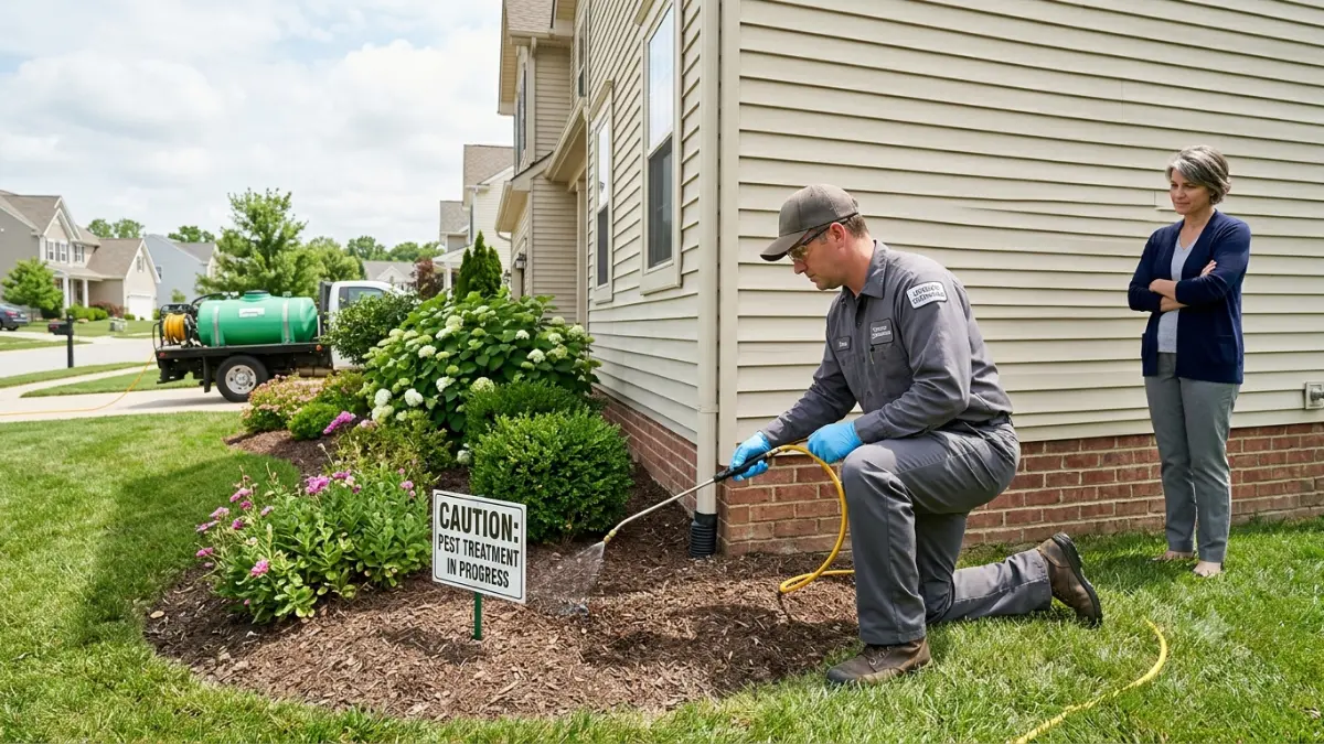 Licensed technician applying treatment for termites in rental property around the foundation of a residential rental home.