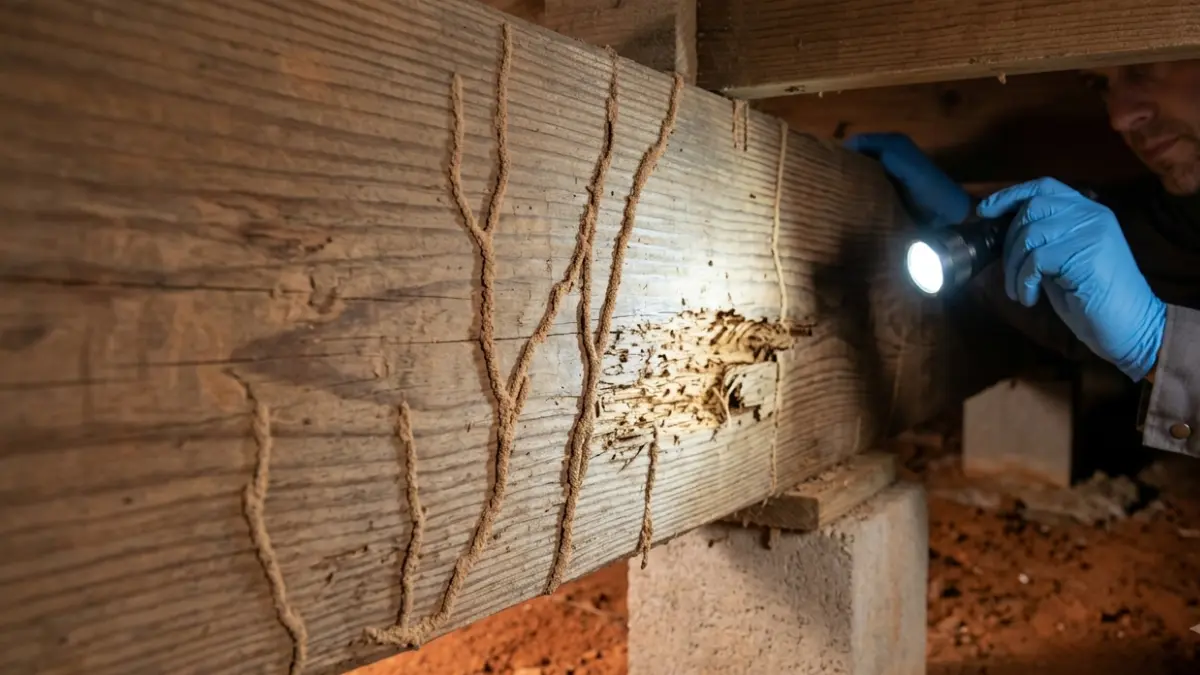 Close-up showing termites in rental property causing structural wood damage with active mud tubes inside a residential crawl space.