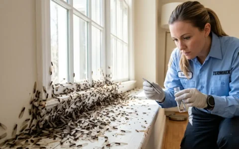 Professional pest inspector examining live termites swarm on a window sill inside a home with shed wings after a daytime swarm