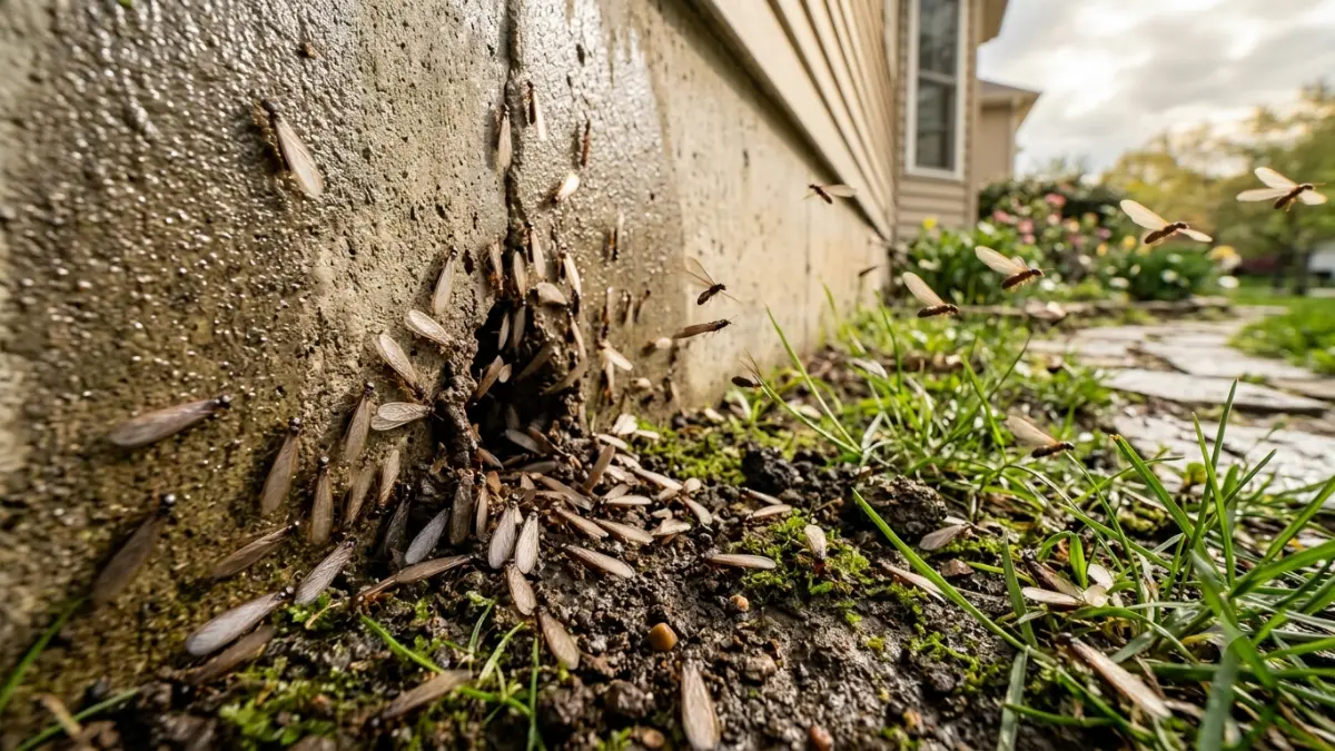Winged termites swarm emerging from moist soil beside a house foundation on a warm day after rain