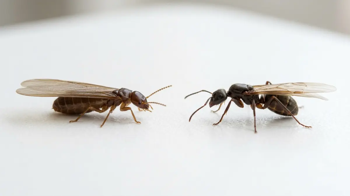 Close-up comparison showing termites swarm beside a flying ant highlighting equal wings straight antennae and broad waist differences