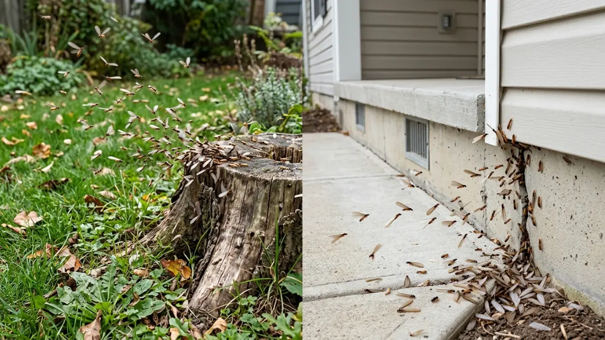 Comparison showing termites swarm from a backyard tree stump and beside a home's foundation during daylight