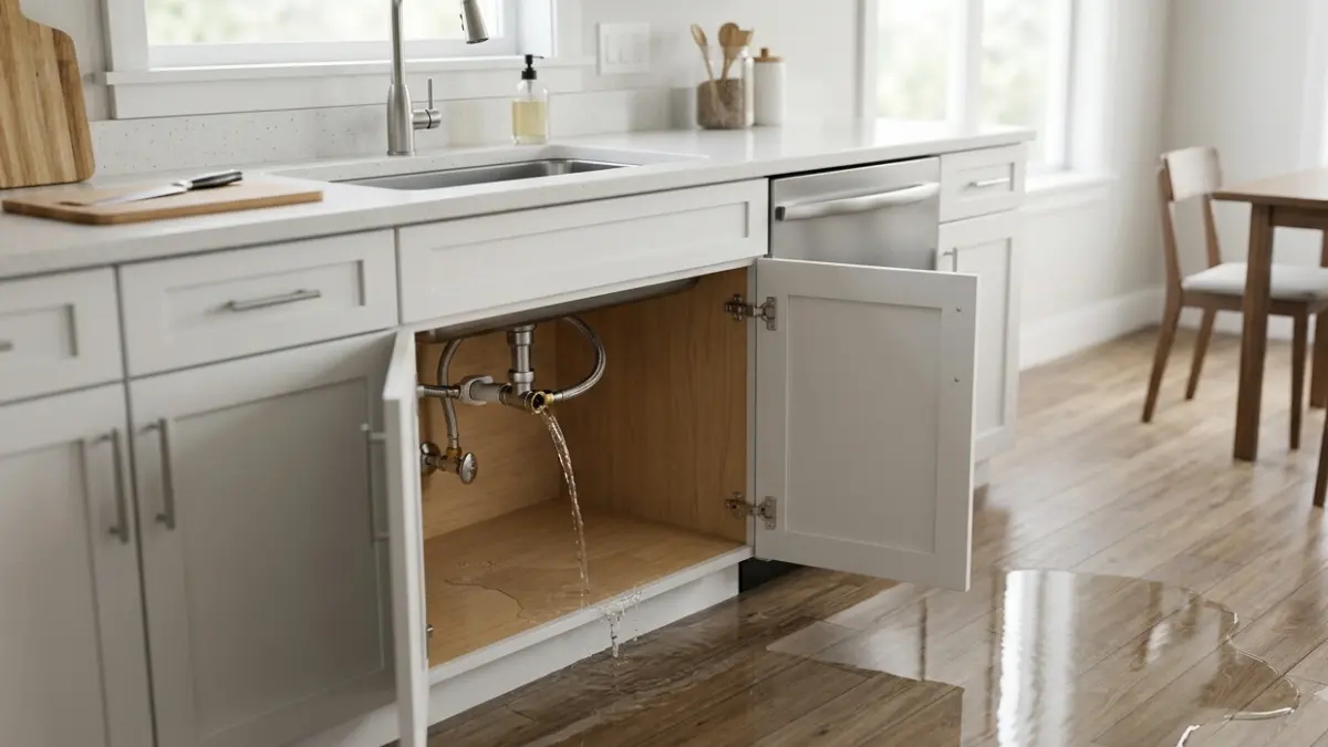 Water Damage Categories example showing a clean household supply line leak beneath a kitchen sink